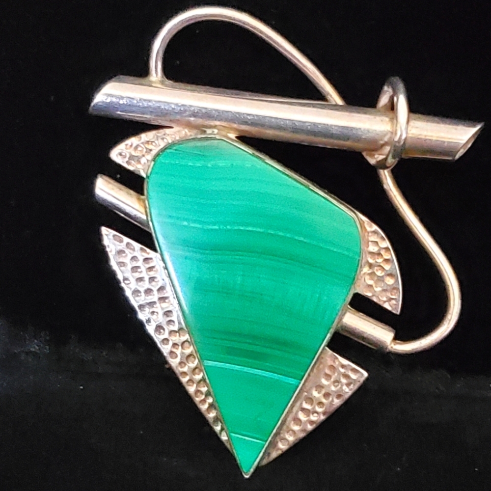 Sterling Malachite Brooch Pendant Mod Artistic Handmade